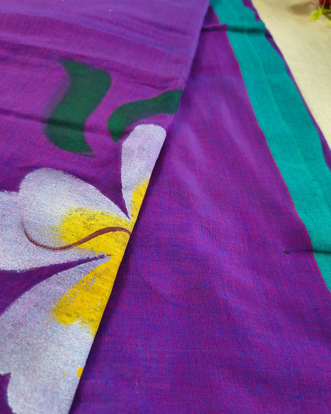Soft Cotton Handloom Saree with Hand-Painted Floral Design - Dark Purple
