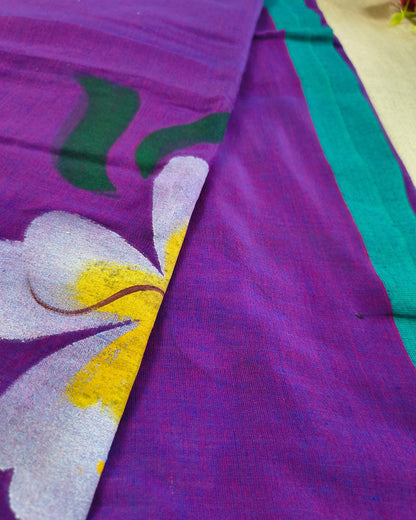 Soft Cotton Handloom Saree with Hand-Painted Floral Design - Dark Purple