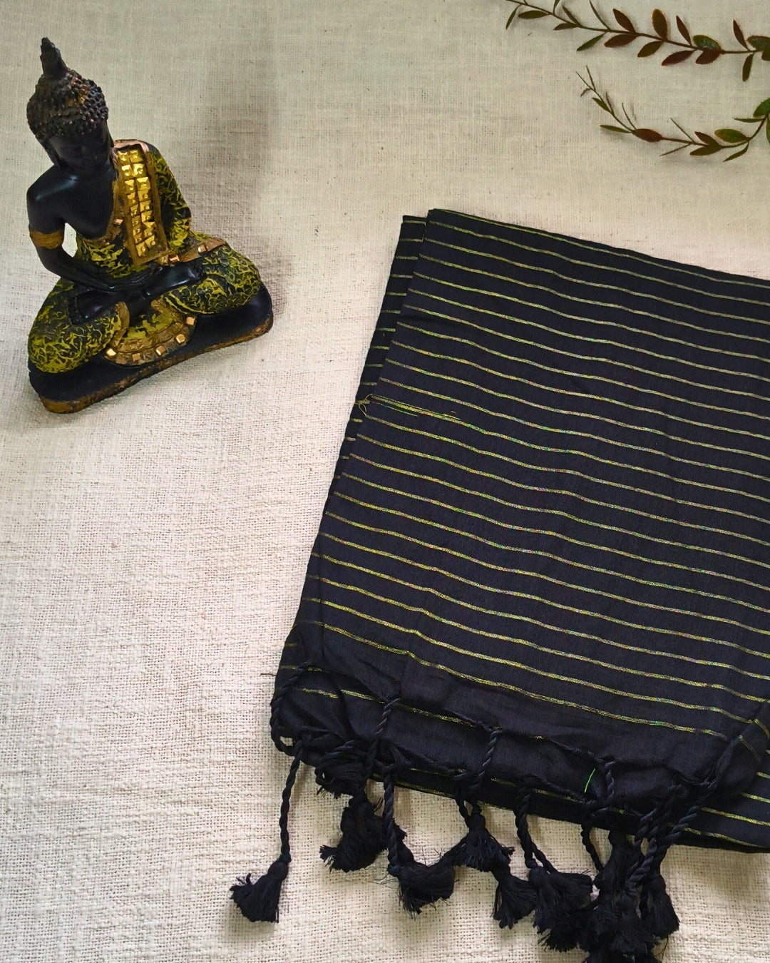 Khadi Cotton Handloom Saree with Zari Stripes - Black