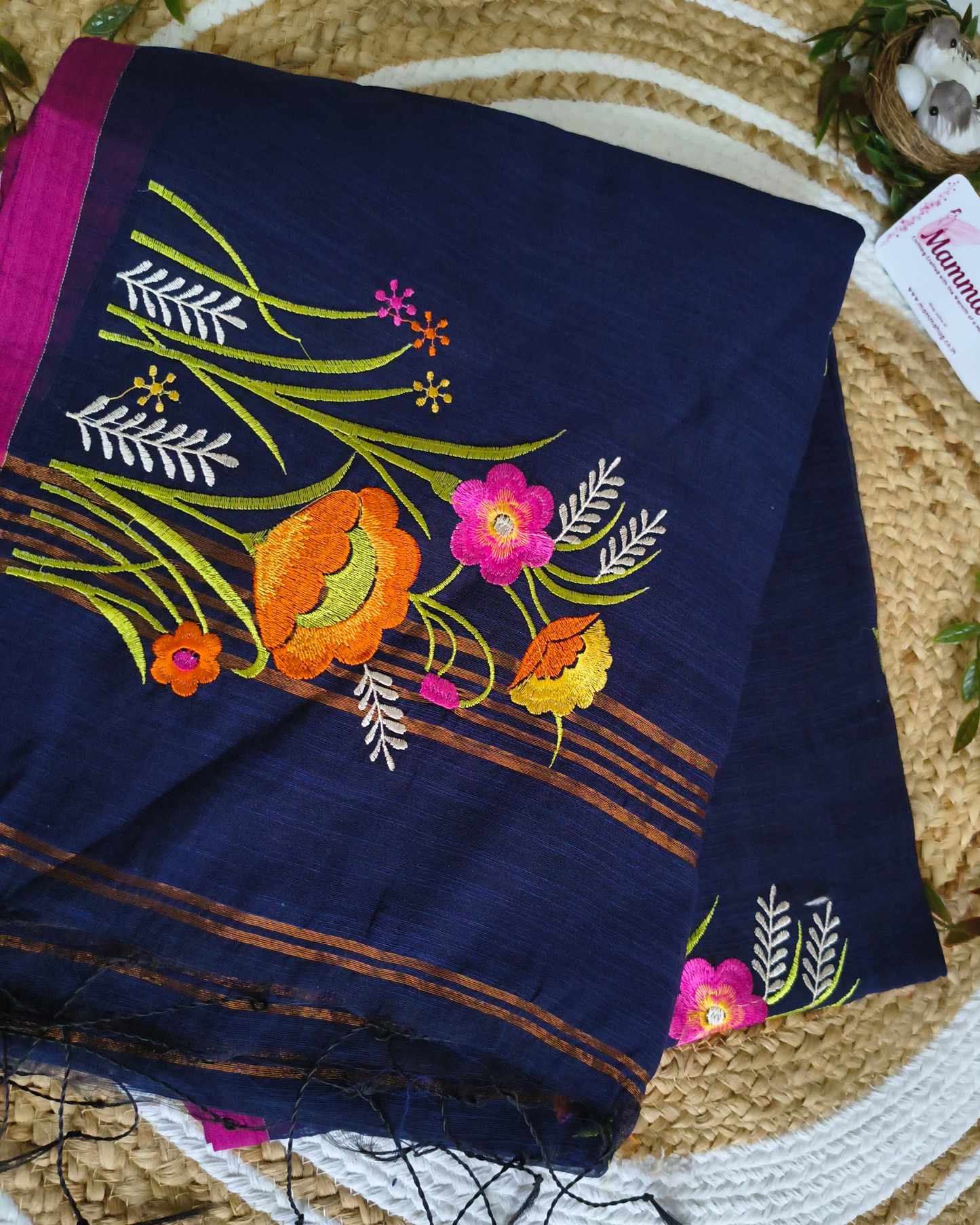 Floral Embroidery Handloom Saree - Slub Cotton (Navy Blue)