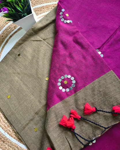 Khadi Cotton Handloom Saree with Mirror design - Olive Grey & Magenta