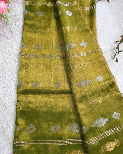 Soft Linen Tissue Saree with Golden Silver Zari weaving - Golden Olive