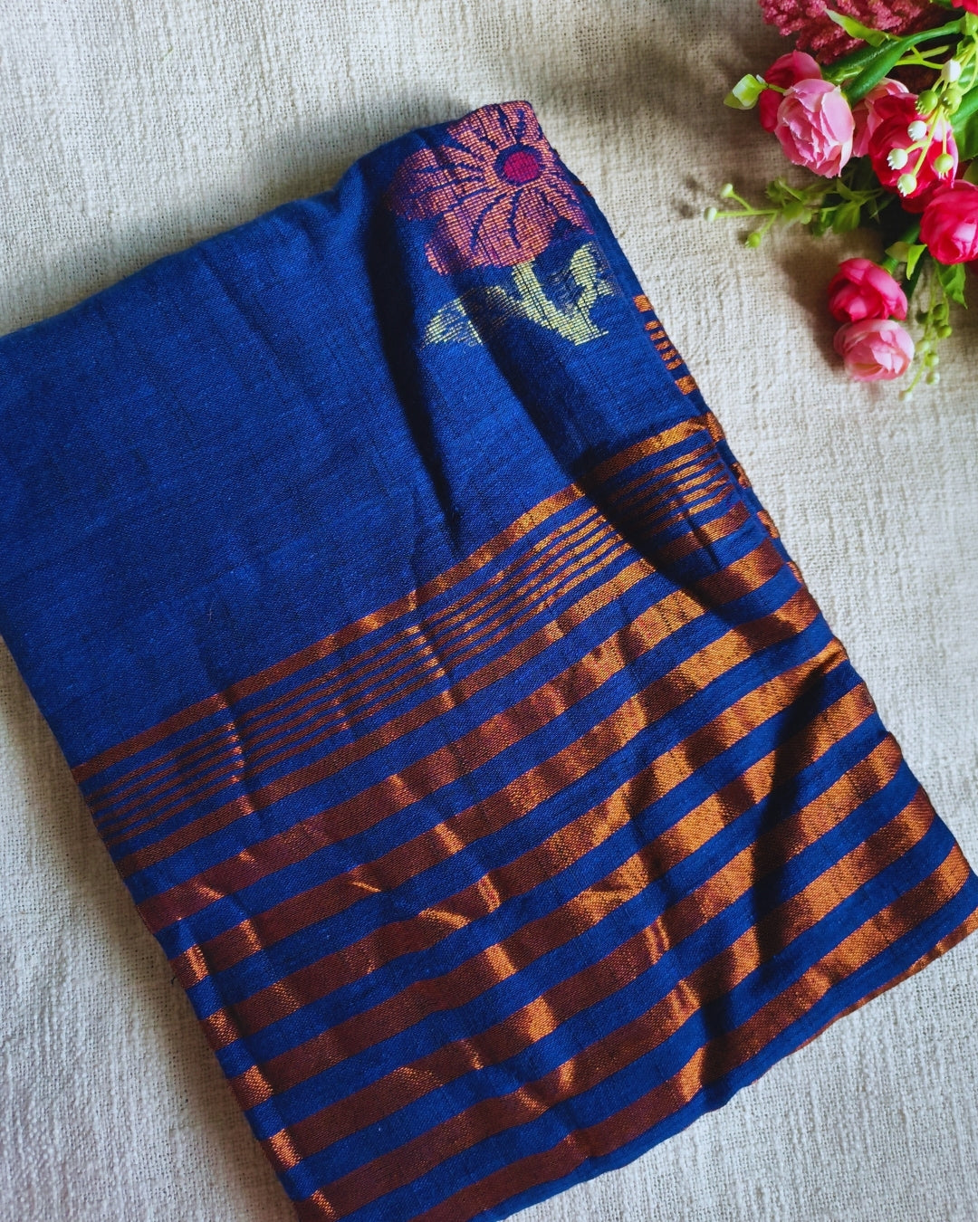Pure Linen Handloom Saree with Copper Buttas - Blue MammaHug
