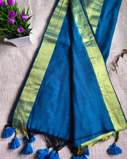 Pure Cottom Handloom Saree with Golden Border - Blue