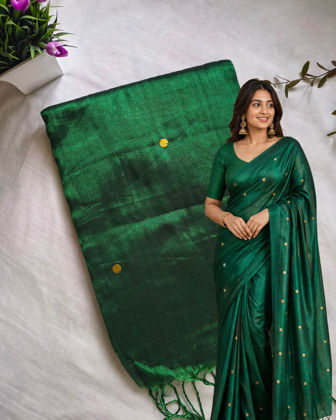 Pure Khadi Tissue Saree with Coin design - Green MammaHug