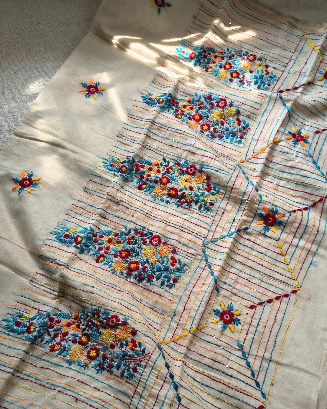 Chanderi silk cotton with kantha stitch floral design - Blue MammaHug