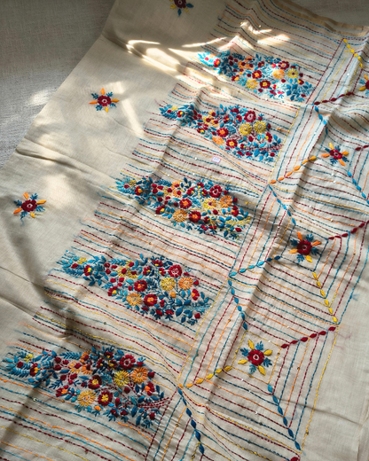Chanderi silk cotton with kantha stitch floral design - Blue MammaHug