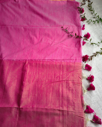 Pure Cottom Handloom Saree with Gold Zari weaving in Half & Half Pattern - Pink
