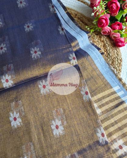 Handloom Cotton Tissue Saree with Machine Embroidery Design - Golden Blue