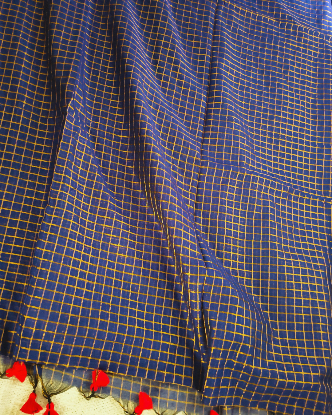 Mul Cotton Zari Checks Handloom Saree with contrast border - Navy Blue MammaHug