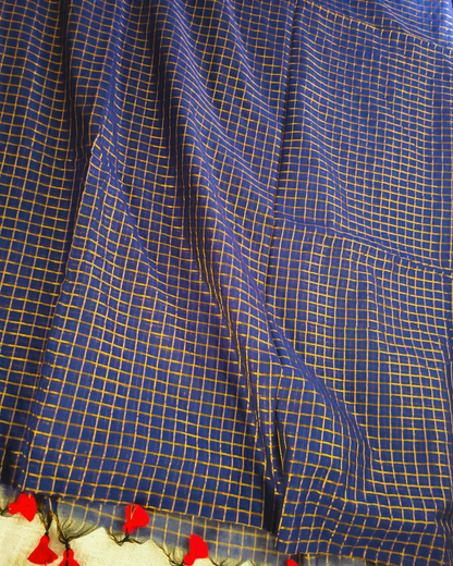 Mul Cotton Zari Checks Handloom Saree with contrast border - Navy Blue MammaHug
