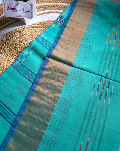 Pure Cotton Handloom Saree with Ikkat Design -Aqua Blue