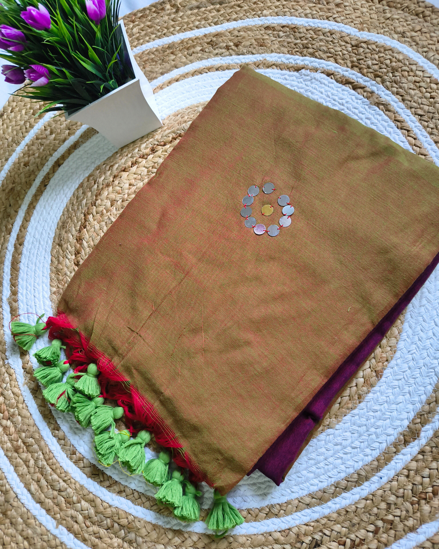 Khadi Cotton Handloom Saree with Mirror design - Green & Magenta