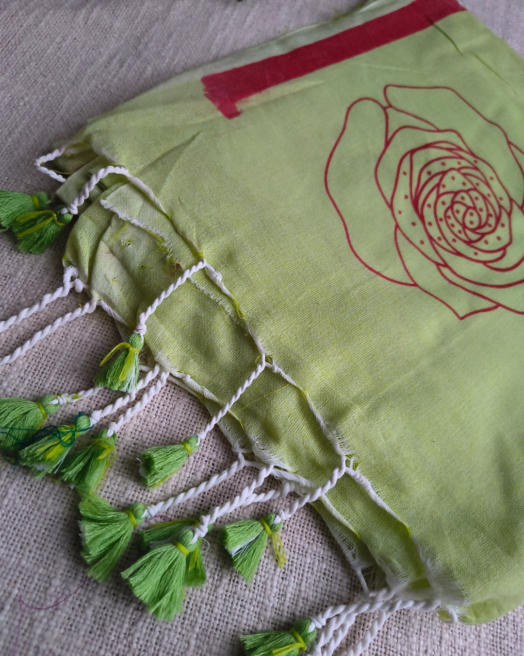 Khadi Cotton Handloom Saree with Printed Floral Design - Light Green