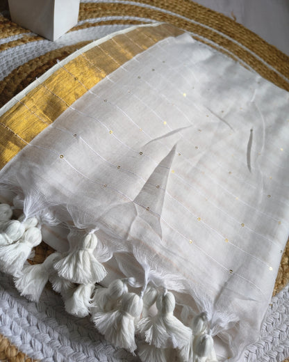 Handloom Mul Cotton Saree with Golden Stripes, Border and Sequence in Pallu - White