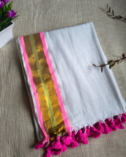 Onam Sarees - 120 tc Mul Cotton Handloom Saree - White & Pink