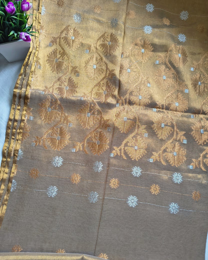 Soft Linen Tissue Saree with Hand Woven Buttas - Golden MammaHug