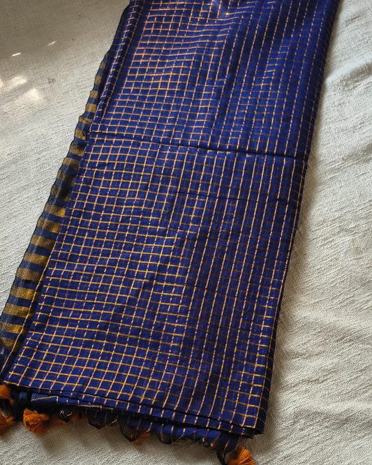 Mul Cottom Zari Checks Handloom Saree - Navy Blue
