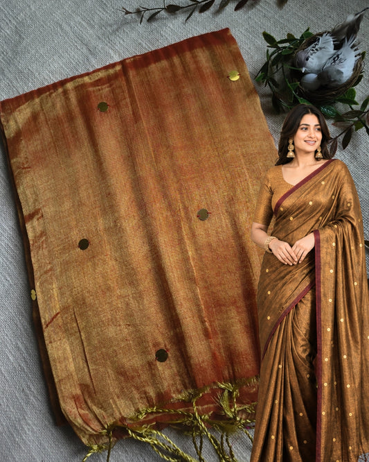 Pure Khadi Tissue Saree with Coin design - Sunset MammaHug