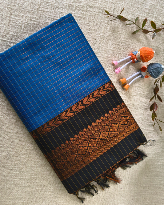 Premium Kalyani Cotton checked with Zari Border - Blue