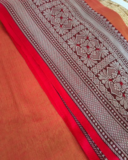 Khadi Tissue Handloom Saree with Thread Woven Border - Orange with Red