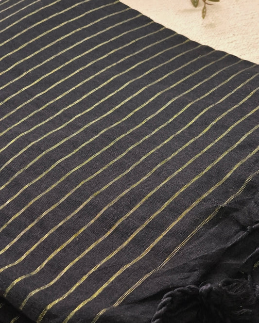 Khadi Cotton Handloom Saree with Zari Stripes - Black