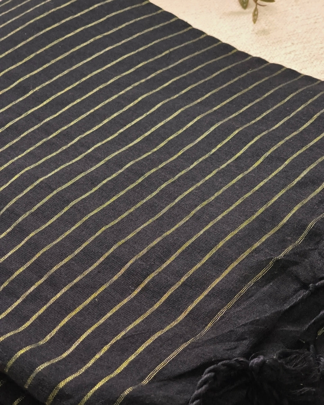 Khadi Cotton Handloom Saree with Zari Stripes - Black