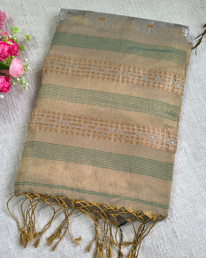 Soft Linen Tissue Saree with Golden Silver Zari weaving - Copper Golden