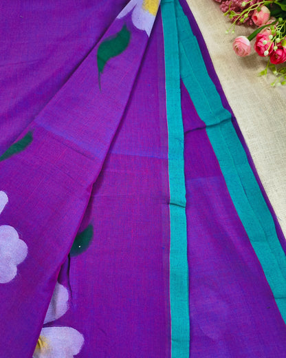 Soft Cotton Handloom Saree with Hand-Painted Floral Design - Dark Purple