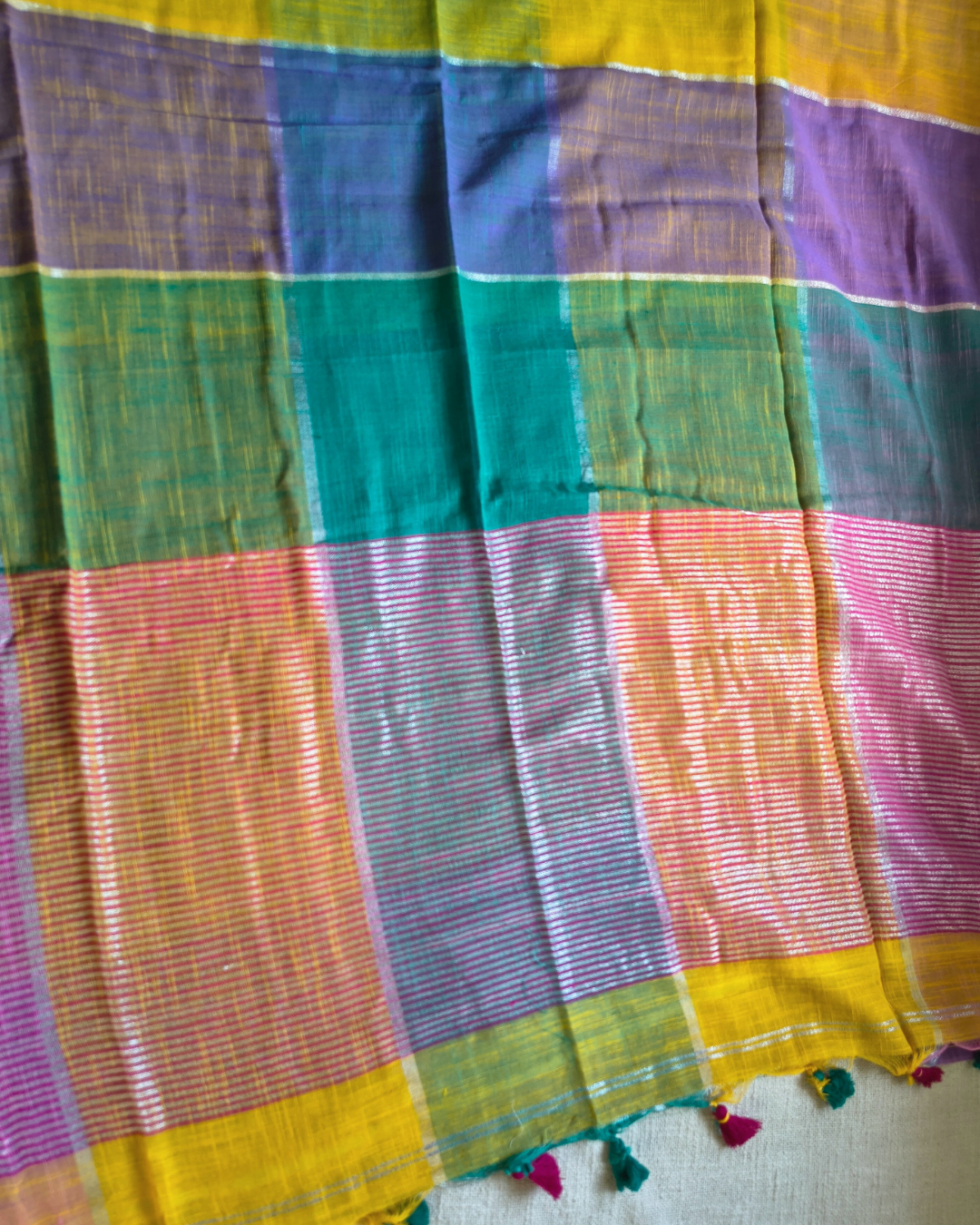 Pure Linen Cotton Handloom Saree Multicolor Checks - Green & Pink