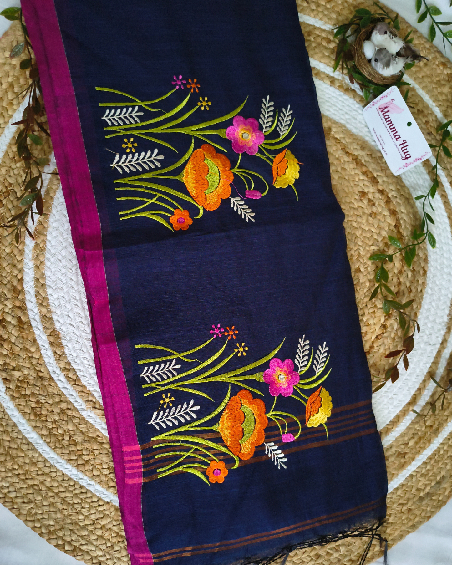 Floral Embroidery Handloom Saree - Slub Cotton (Navy Blue)