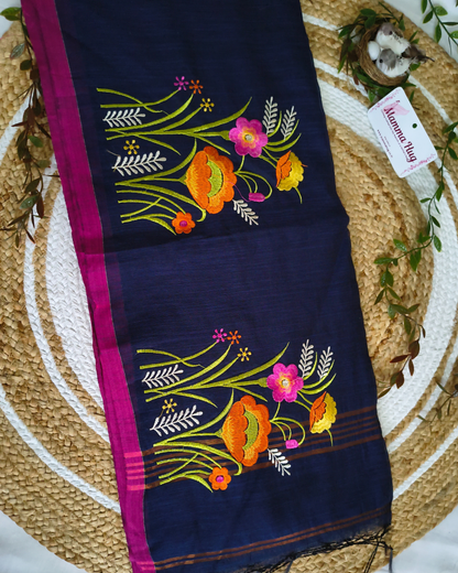 Floral Embroidery Handloom Saree - Slub Cotton (Navy Blue)