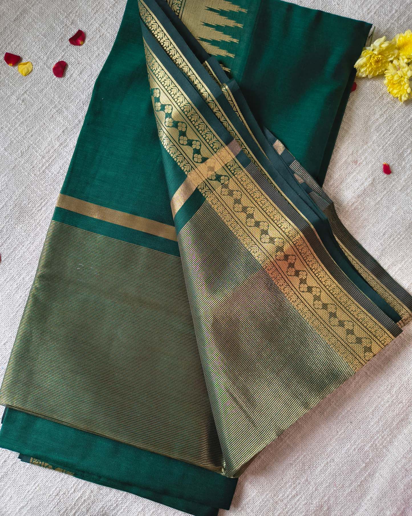Maheshwari Silk Cotton Saree with Golden Temple Border – Bottle Green MammaHug