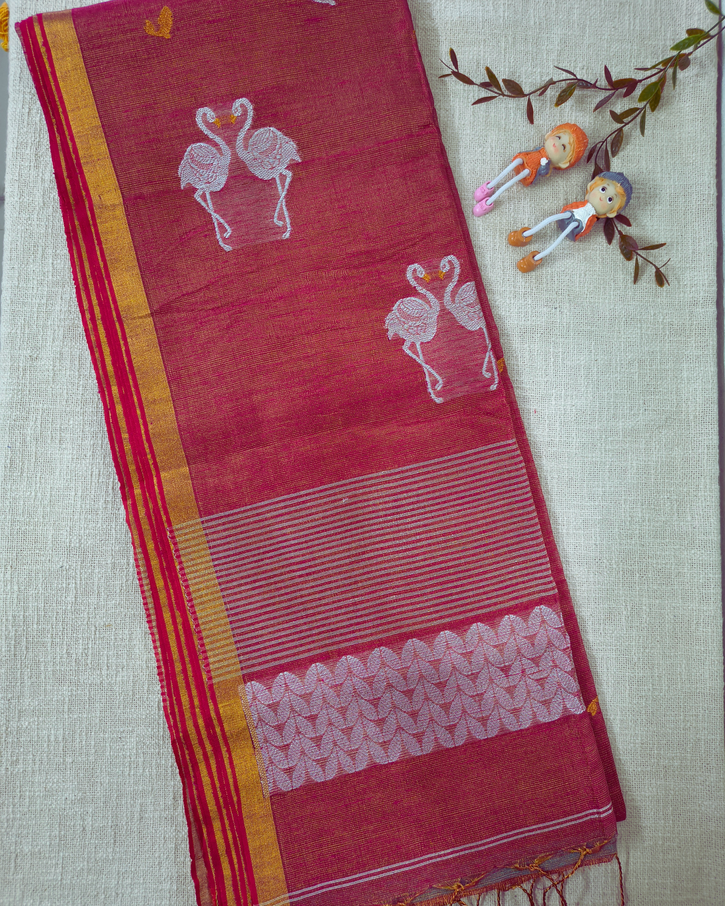 Handloom Tissue Linen with Jamdhani Weaving Buttas - Pink & Orange Dual Tone