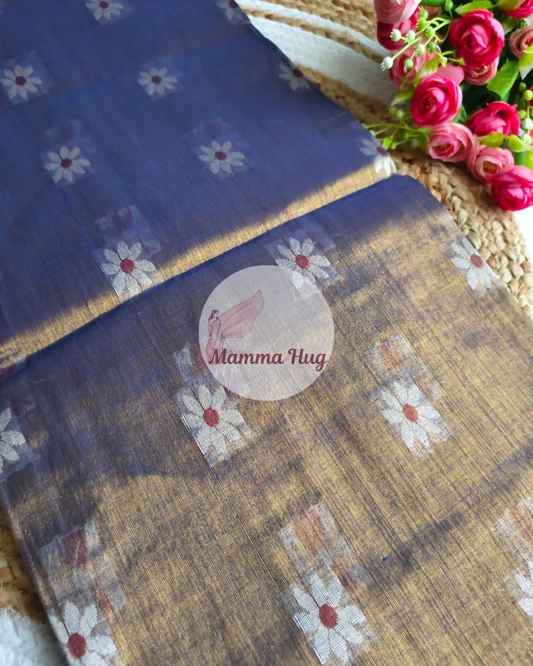 Handloom Cotton Tissue Saree with Machine Embroidery Design - Golden Blue