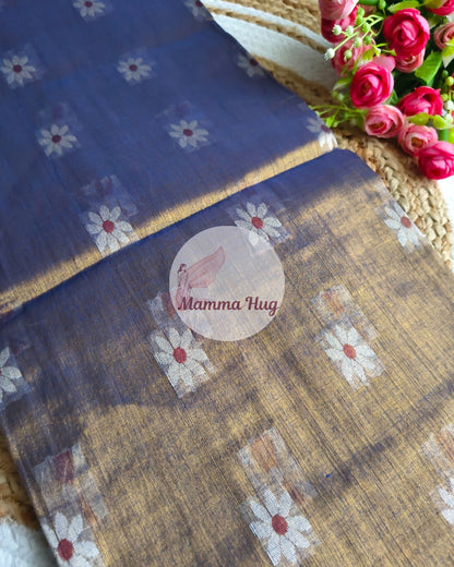 Handloom Cotton Tissue Saree with Machine Embroidery Design - Golden Blue