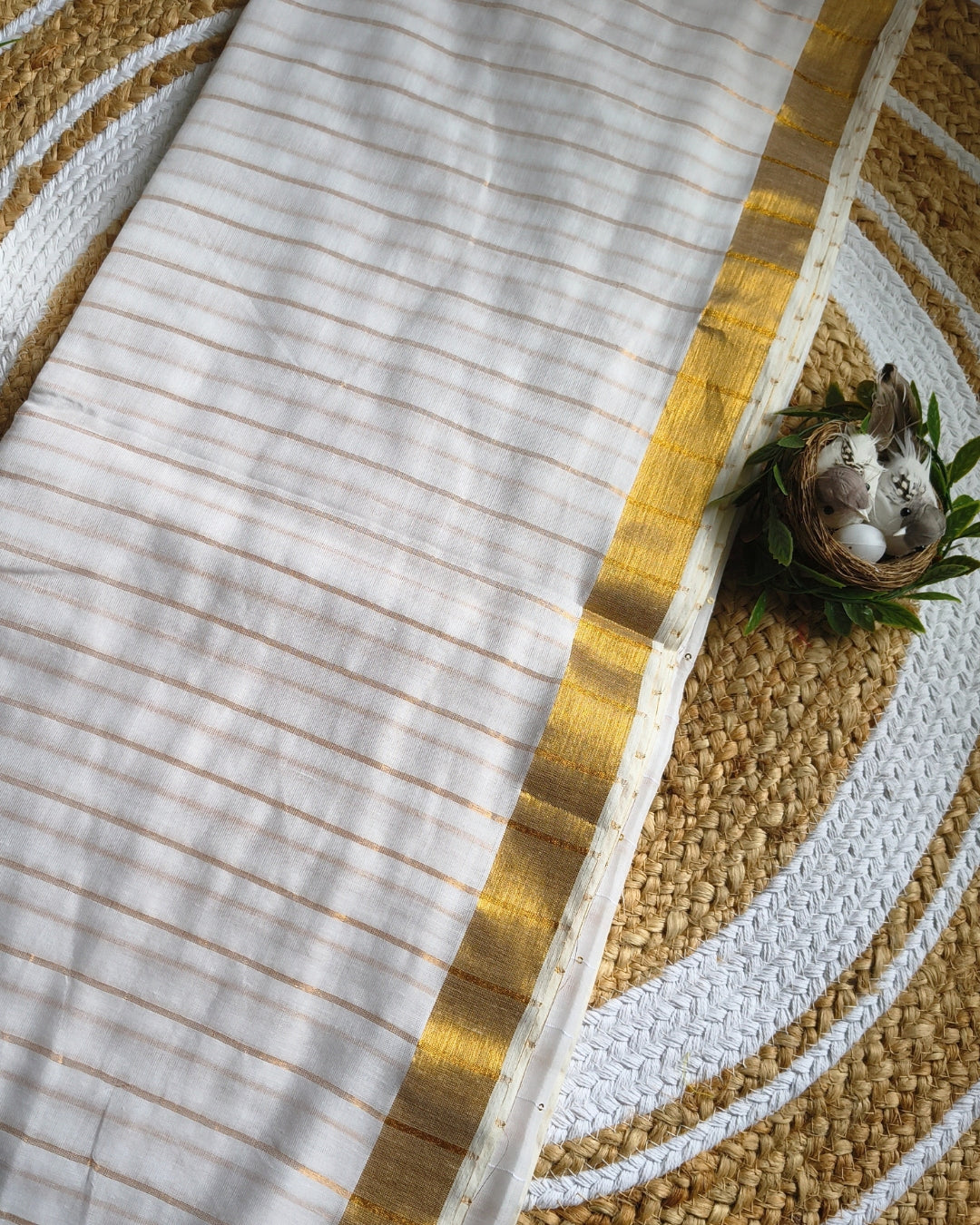 Handloom Mul Cotton Saree with Golden Stripes, Border and Sequence in Pallu - White