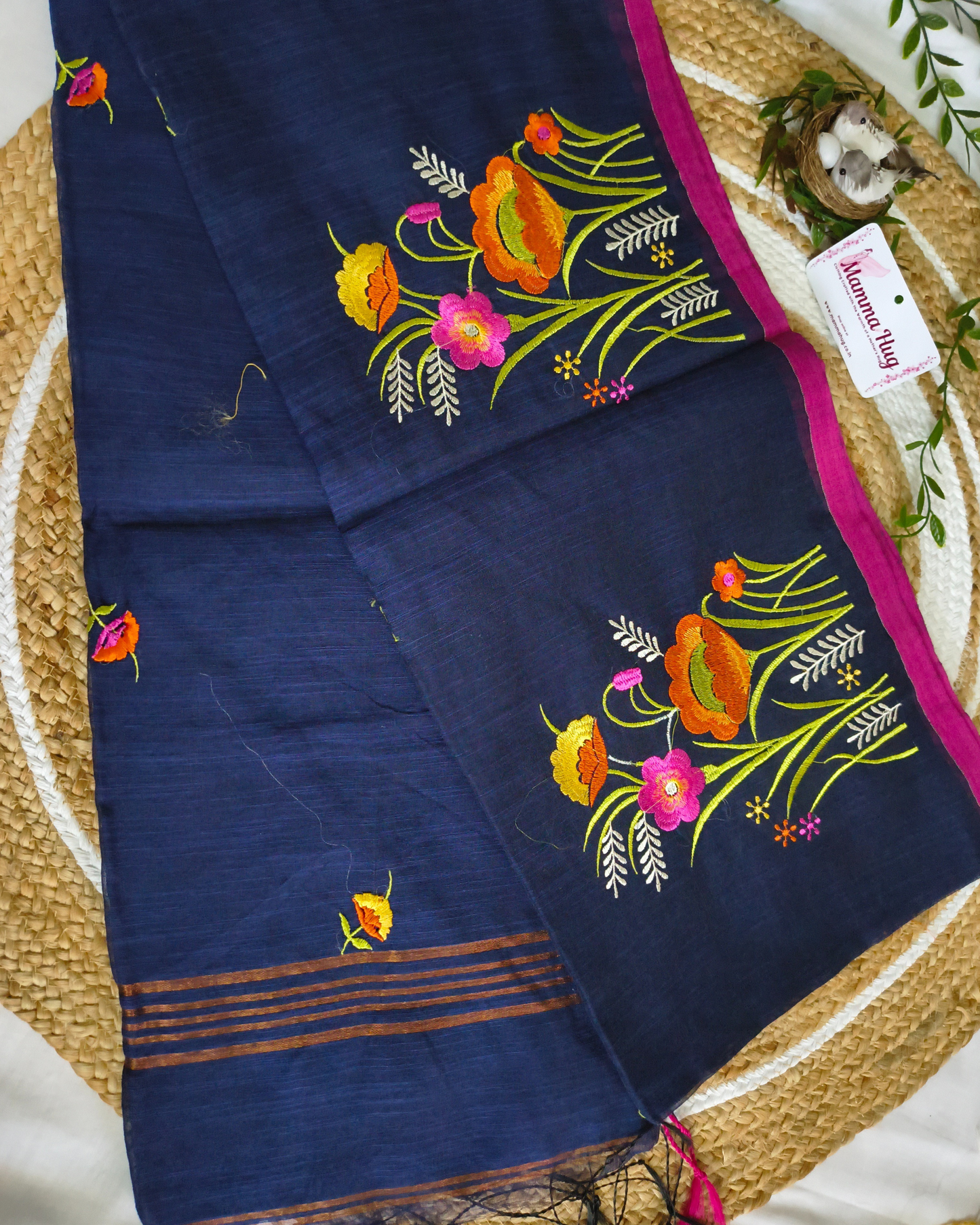 Floral Embroidery Handloom Saree - Slub Cotton (Navy Blue)