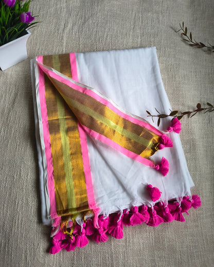 Onam Sarees - 120 tc Mul Cotton Handloom Saree - White & Pink