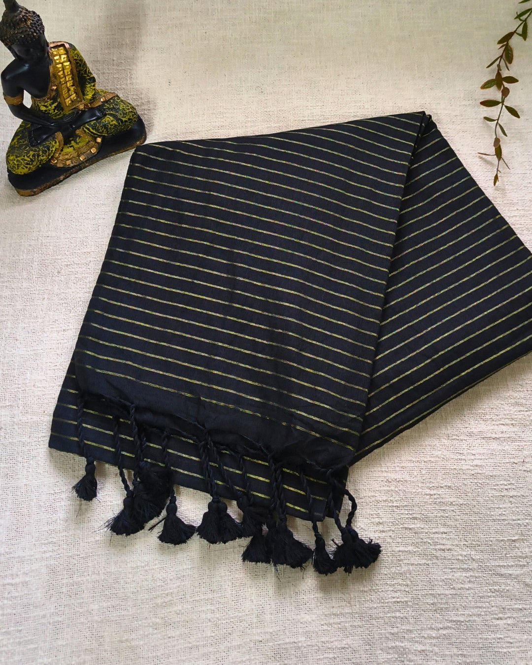 Khadi Cotton Handloom Saree with Zari Stripes - Black
