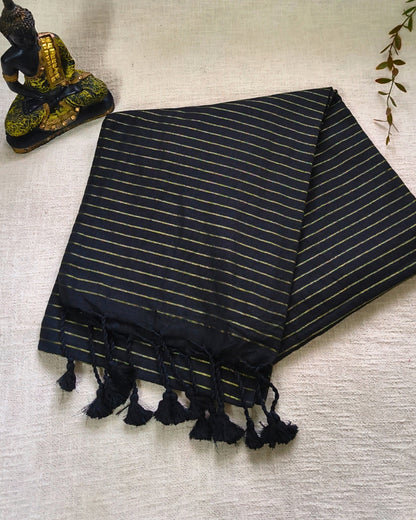 Khadi Cotton Handloom Saree with Zari Stripes - Black