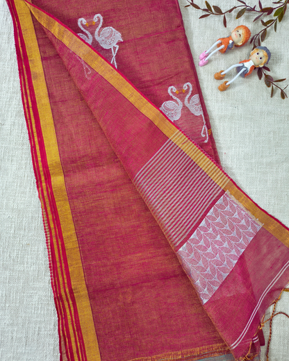 Handloom Tissue Linen with Jamdhani Weaving Buttas - Pink & Orange Dual Tone