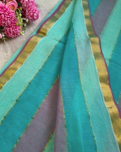 Premium Rainbow Mul Cotton Handloom Saree with Beautiful tassels - Green