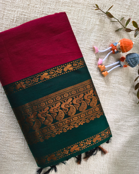 Premium Kalyani Cotton Plain Saree with Zari Border - Red