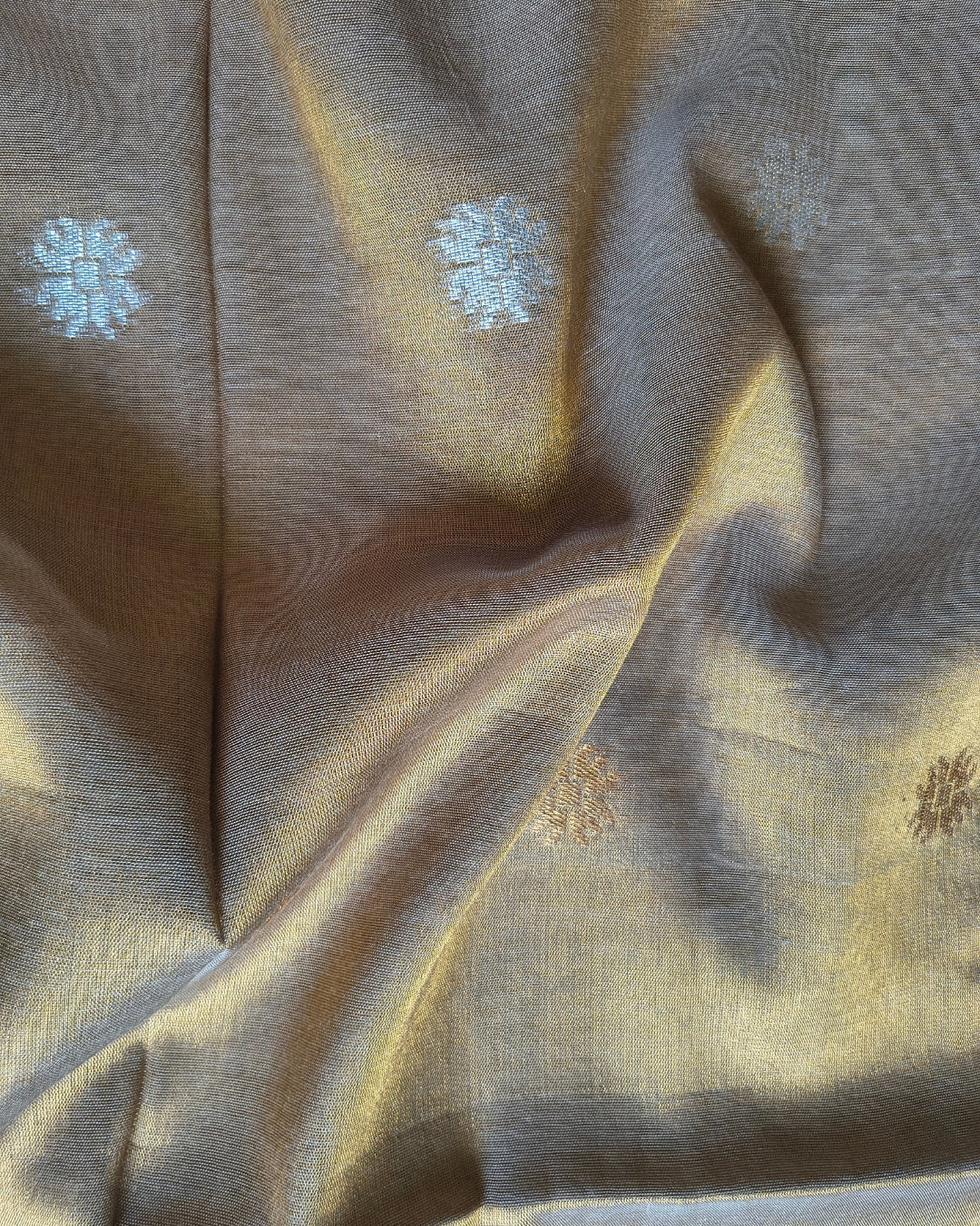 Soft Linen Tissue Saree with Hand Woven Buttas - Golden MammaHug