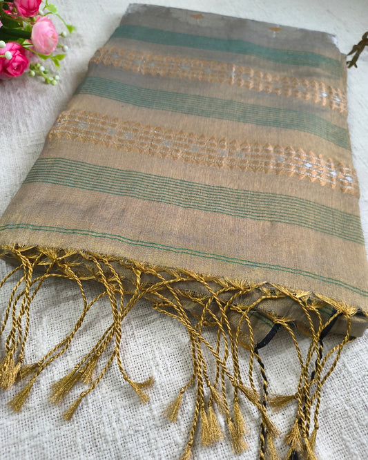 Soft Linen Tissue Saree with Golden Silver Zari weaving - Copper Golden