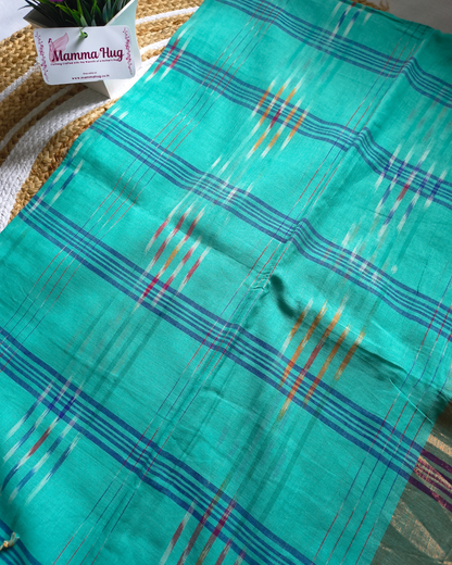 Pure Cotton Handloom Saree with Ikkat Design -Aqua Blue