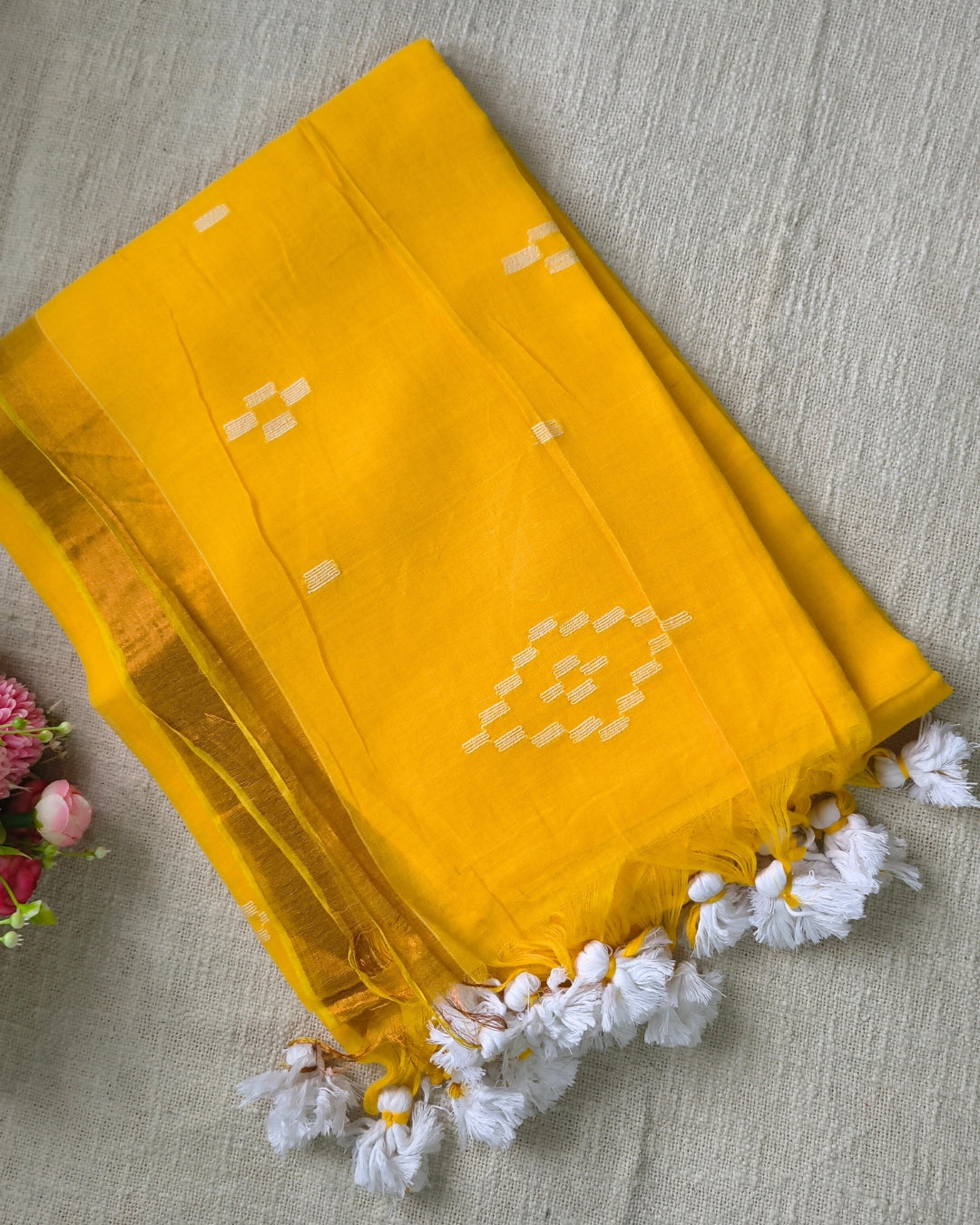 Pure Cottom Handloom Saree - Small Copper Border - Mango Yellow