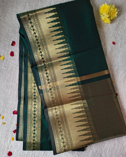 Maheshwari Silk Cotton Saree with Golden Temple Border – Bottle Green MammaHug