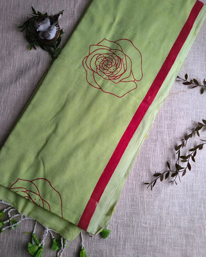 Khadi Cotton Handloom Saree with Printed Floral Design - Light Green